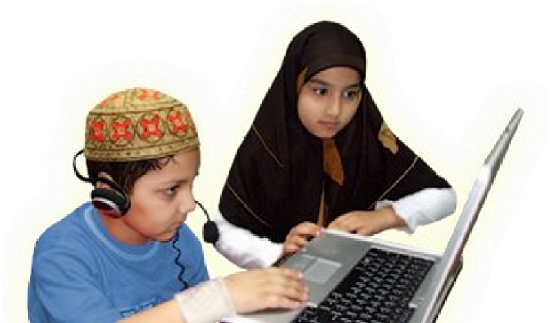 Young boy and girl learning Basic Islamic Education online on a laptop