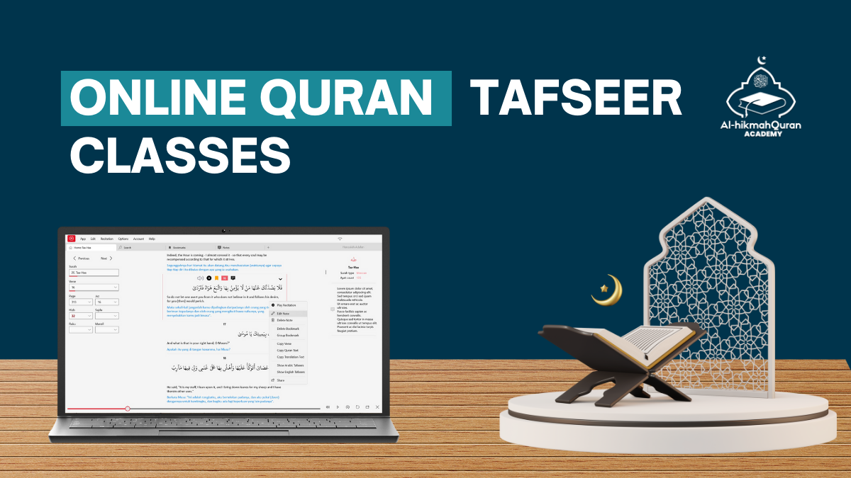 Online Quran Tafseer Classes shown on a laptop next to a Quran