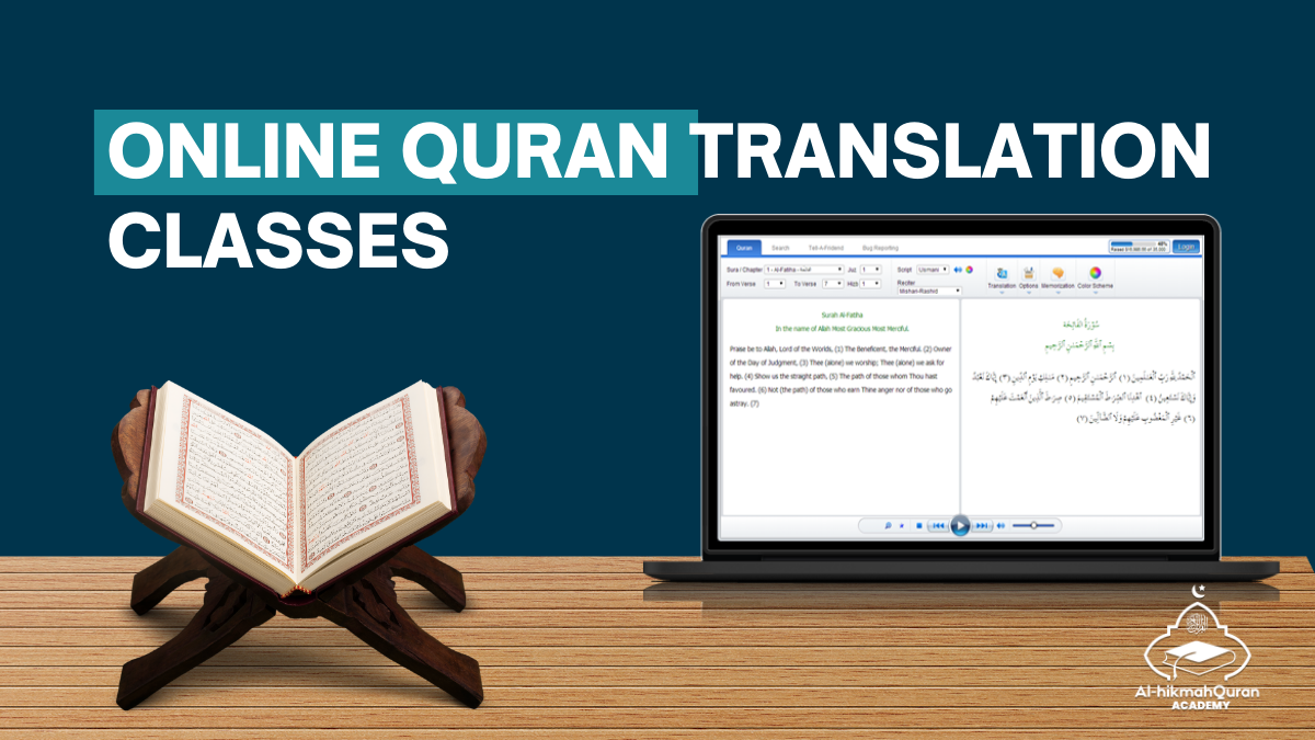 Online Quran Translation Classes showing a laptop and Quran